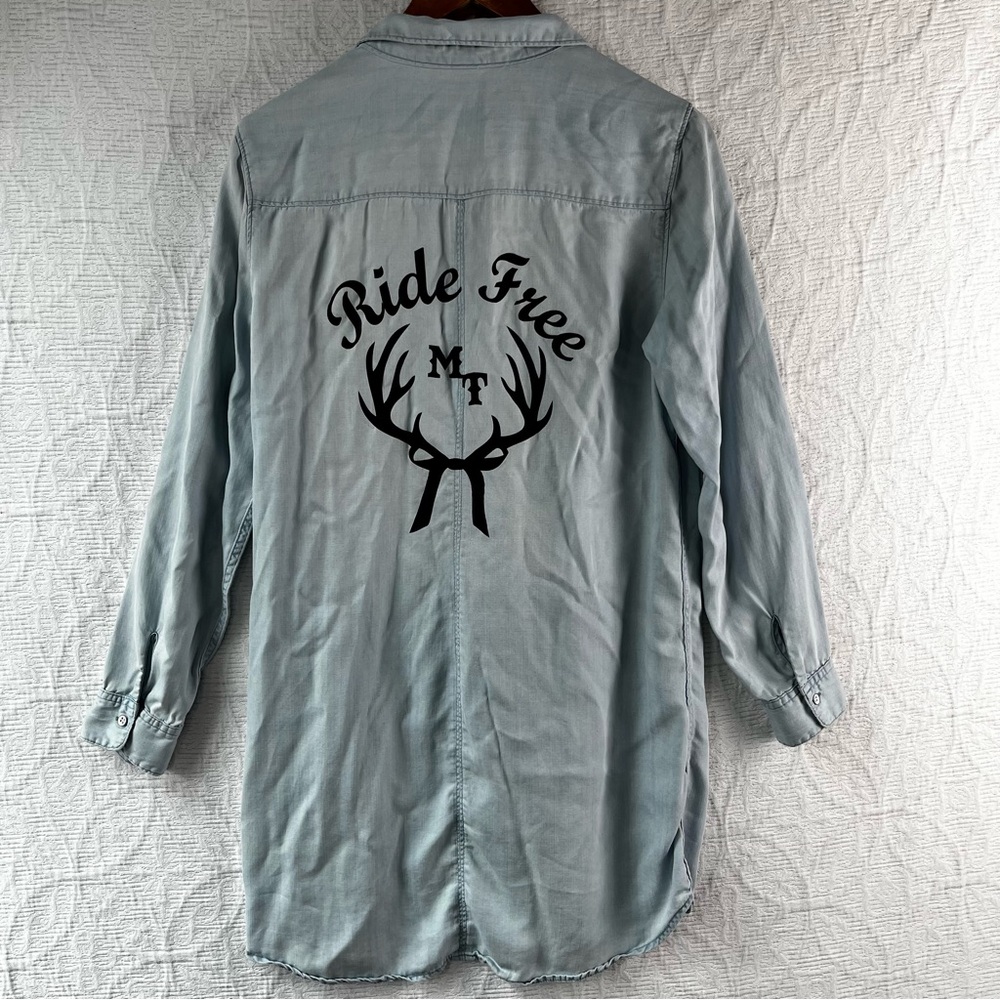 Lyocell Chambray Womens 12 Button Down Long Shirt Ride Free Montana Elk Horn Top